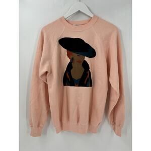 Hanes Vintage Sweater Womens Large Pink Woman Face Print Pullover Crewneck Knit
